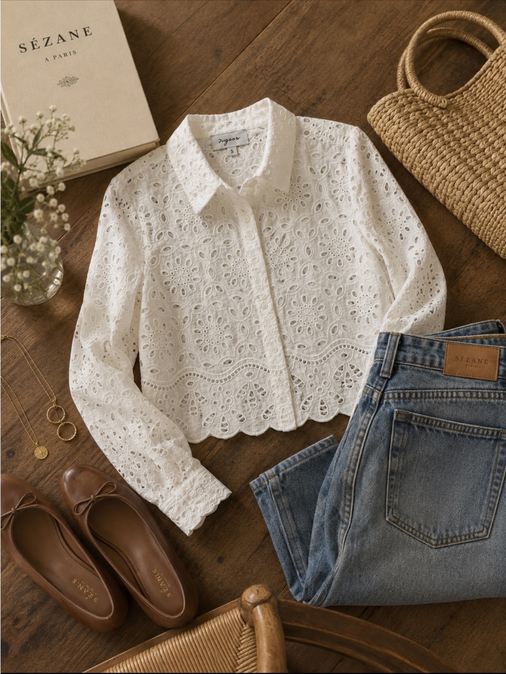 Cotton Eyelet Button Down Blouse with Scalloped Hem by Vigoss